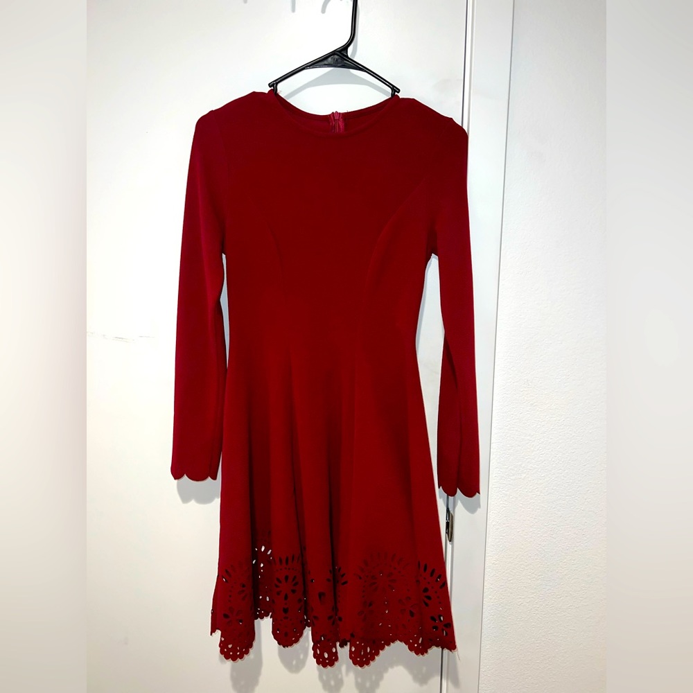 Red Long Sleeve Dress Size S with Design on Skirt